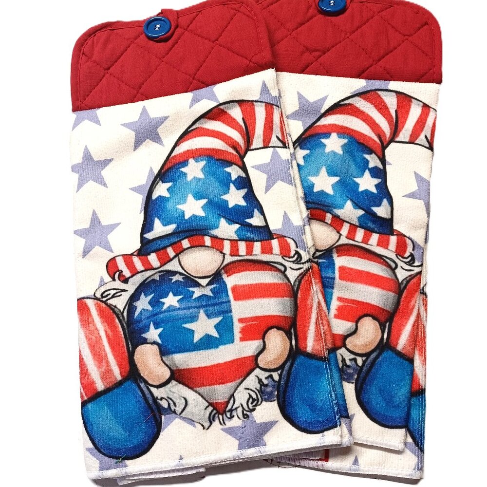 Valentine American Patriotic Gnome heart Hanging Kitchen Towel set of 2